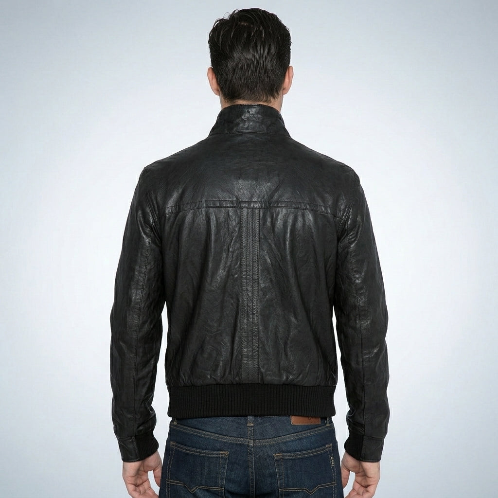Men’s Fitted Black Leather Bomber Jacket – Slim Fit Classic Style