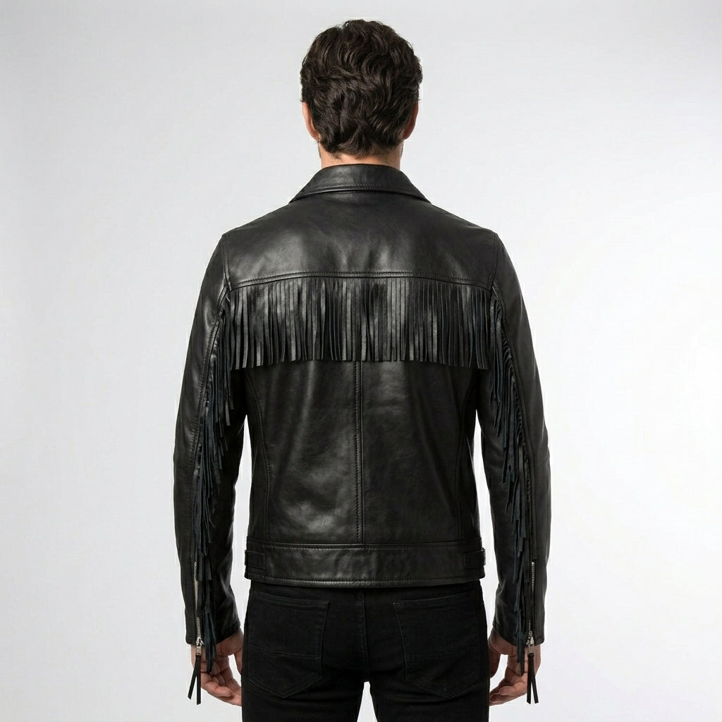 Men’s Handmade Black Western Fringe Leather Jacket