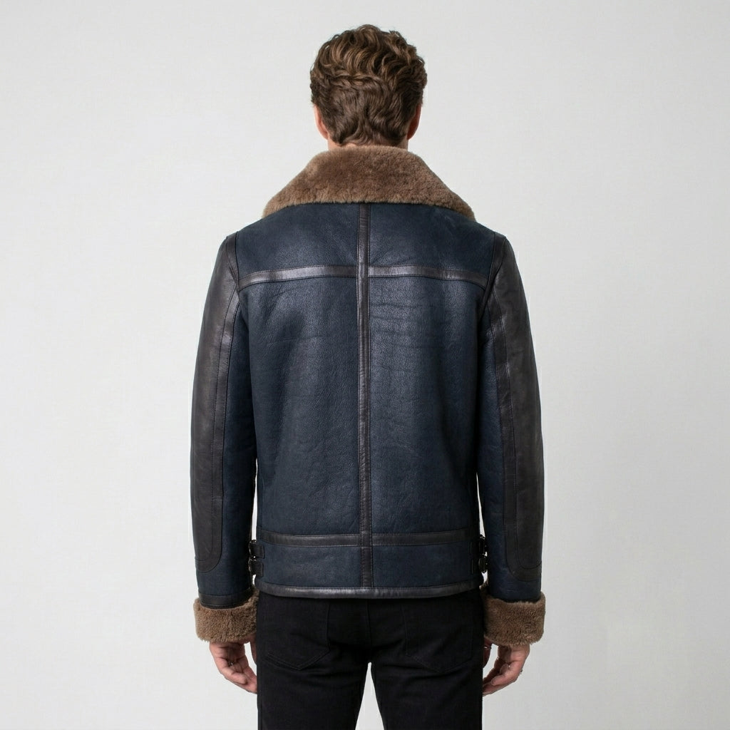 Men’s Blue Sheepskin Shearling Jacket – Premium Aviator Winter Style