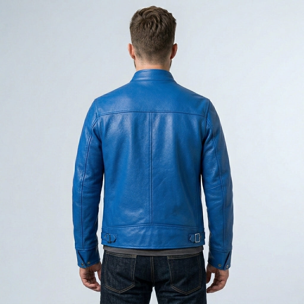 Men’s Blue Trucker Style Café Racer Motorcycle Jacket