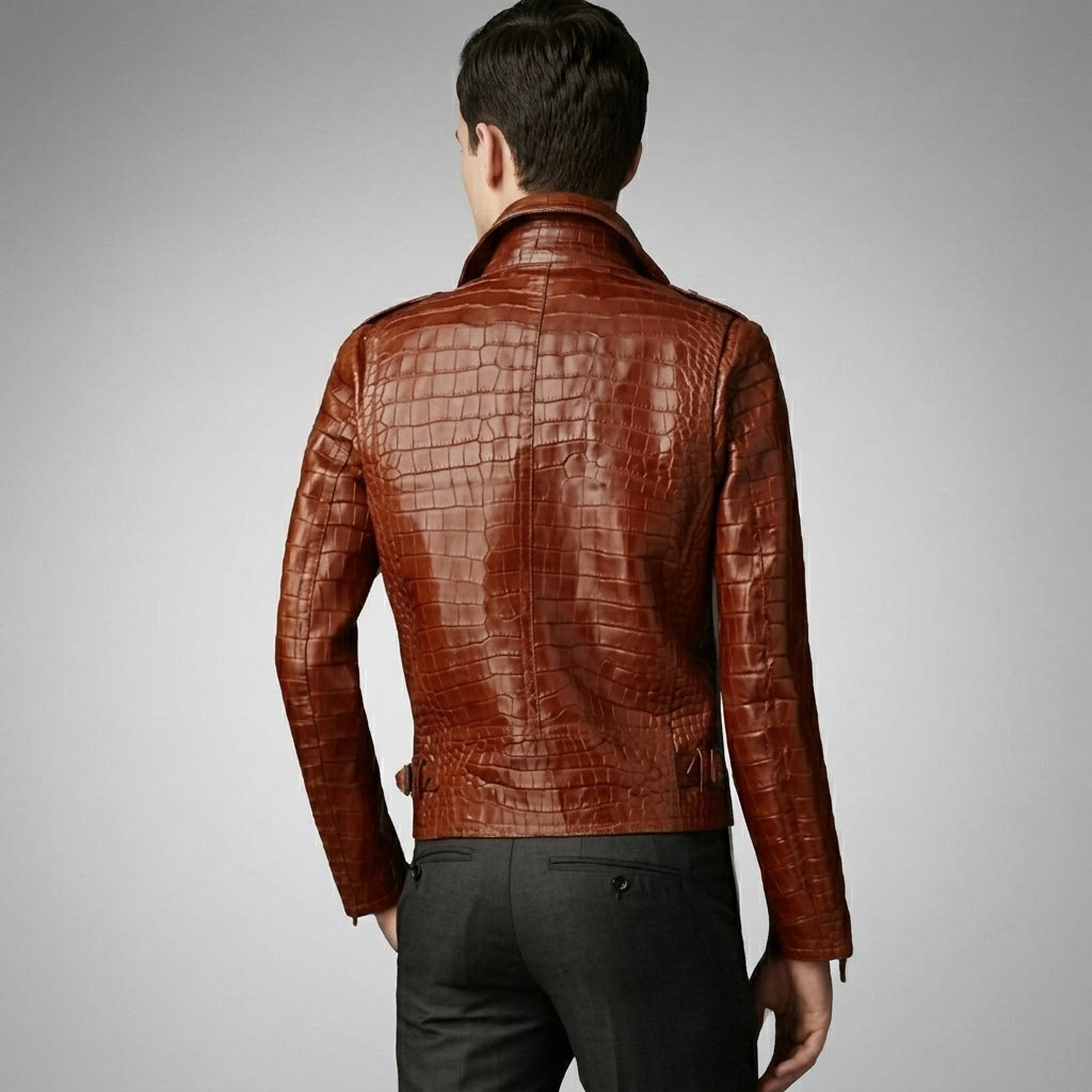 Men’s Brown Croc Leather Biker Jacket – Exotic Textured Moto Style
