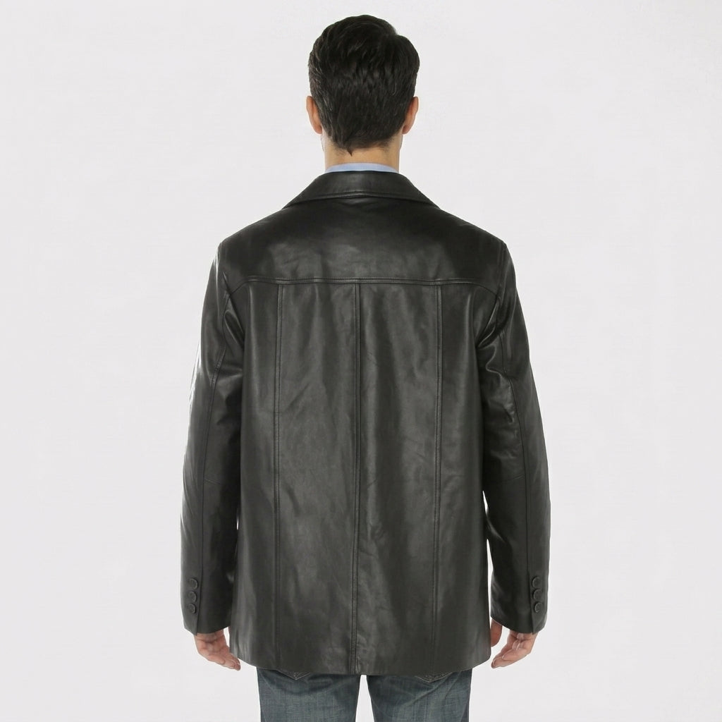 Men’s Black Lambskin Leather Overcoat Blazer Jacke