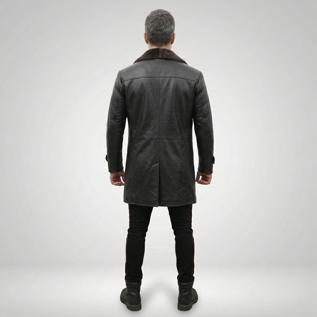 Men’s Black Leather Trench Coat with Shearling Lining