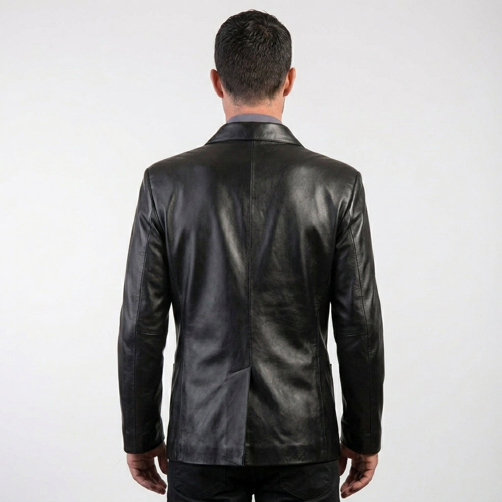 Men’s Three-Button Black Leather Blazer Coat