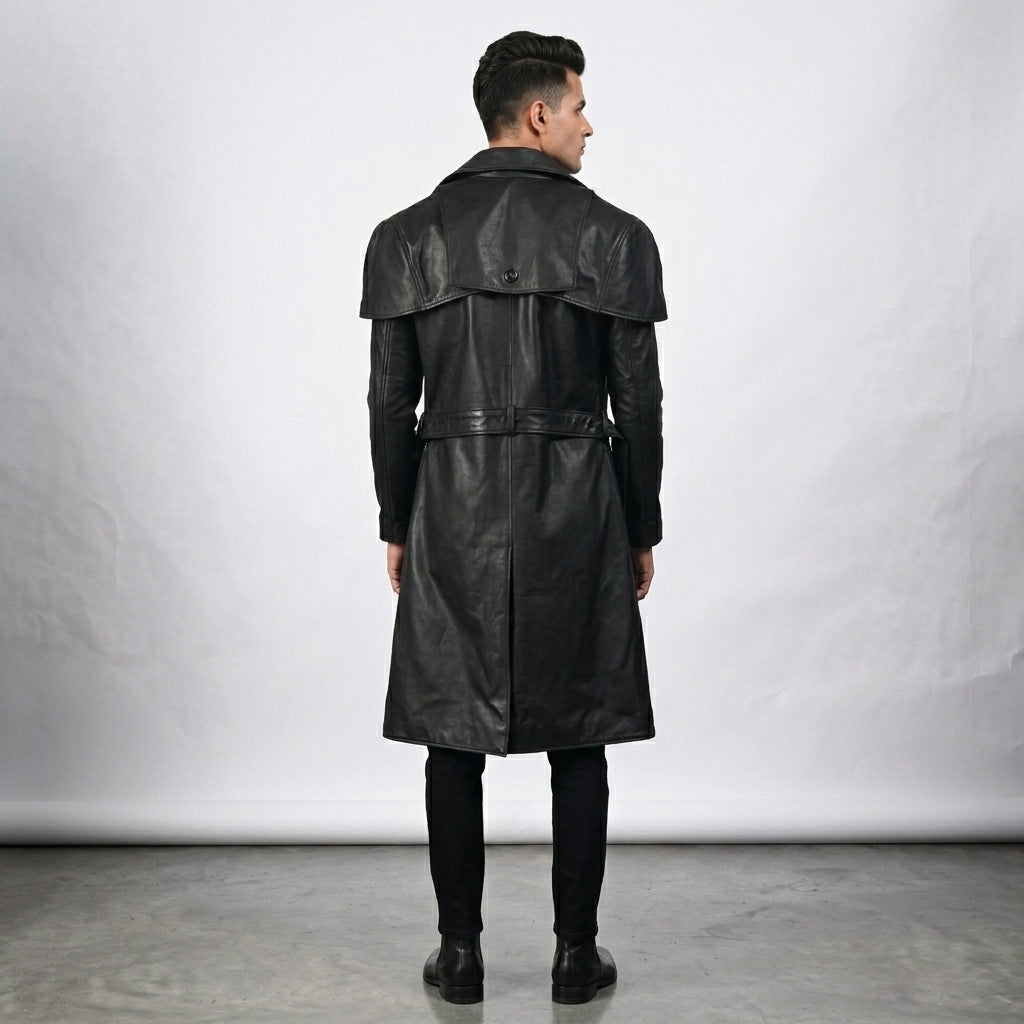 Men’s Black Leather Trench Coat – Classic Longline Premium Style