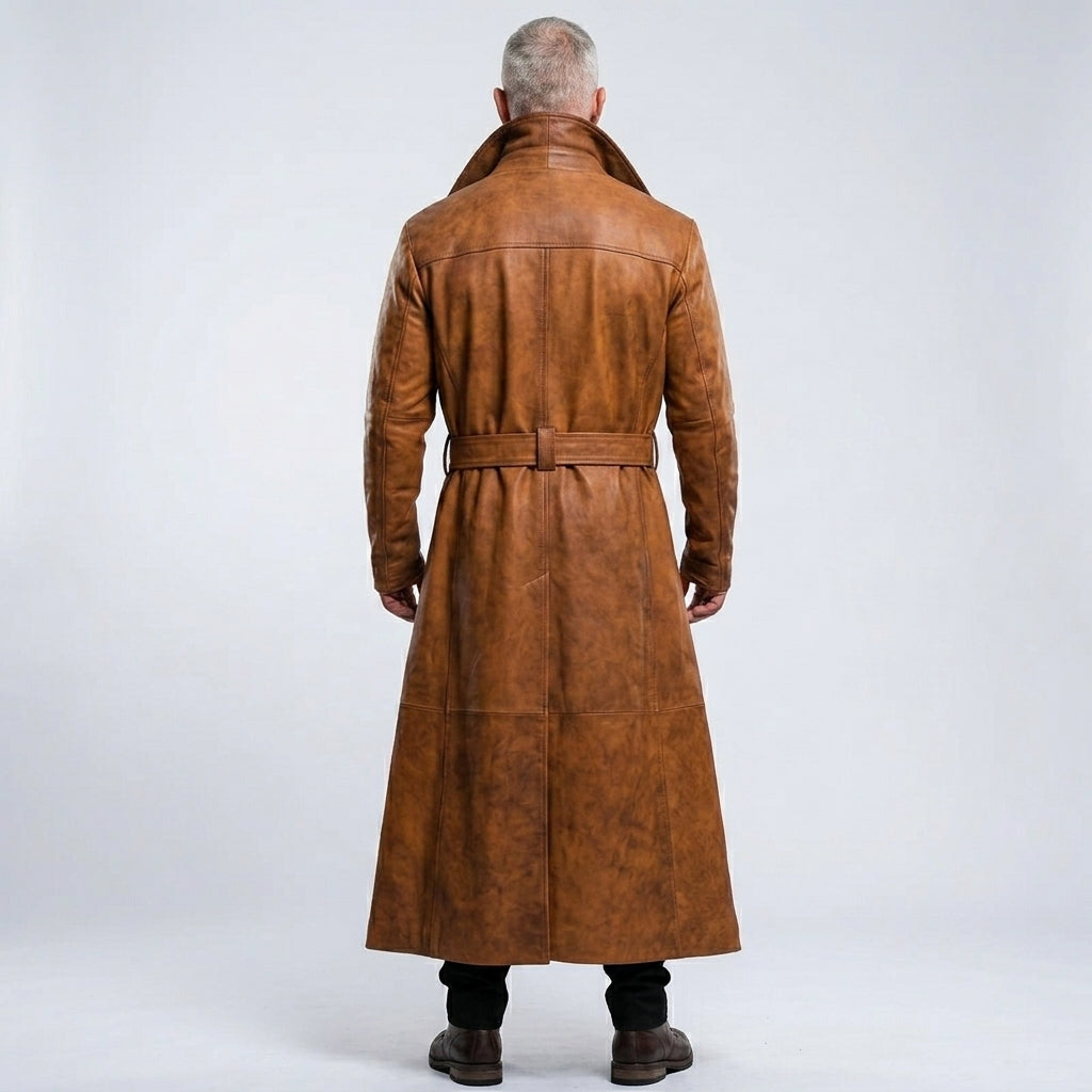 Men’s Distressed Sheepskin Duster Coat – Vintage Longline Leather Style