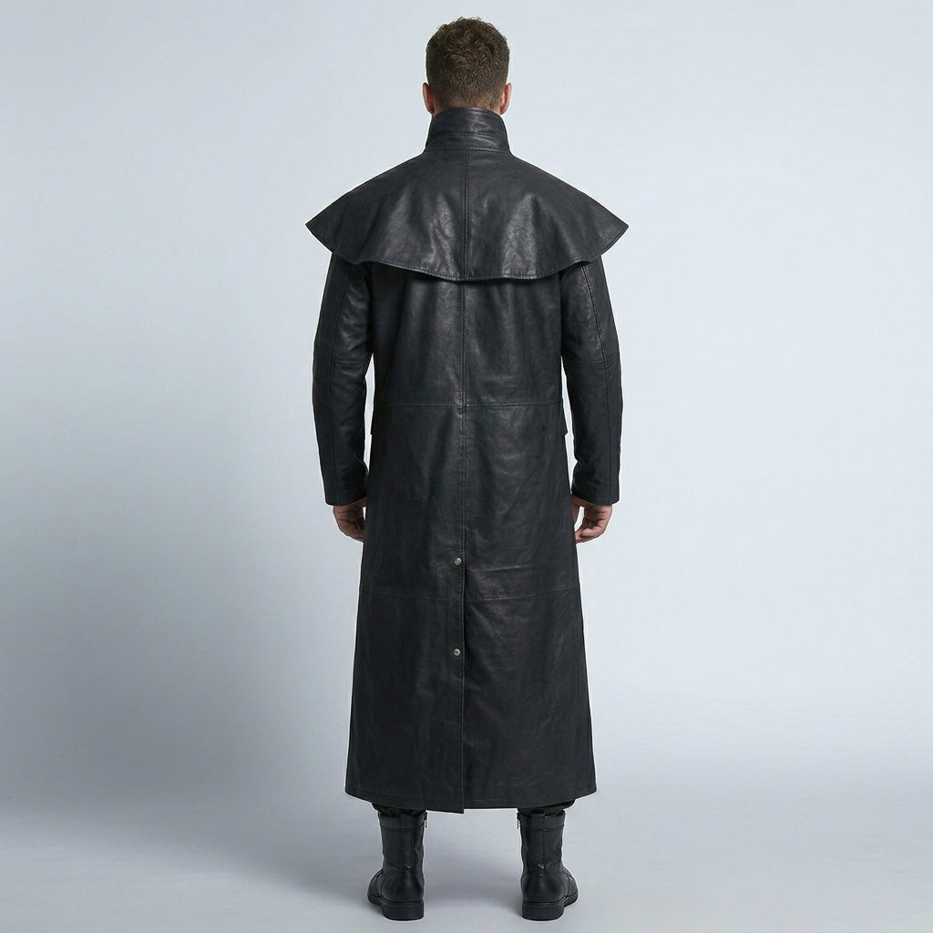 Men’s Black Leather Trench Coat with Hood – Slim Fit Urban Style