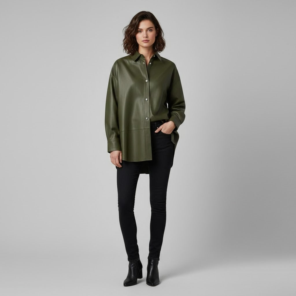 Women’s Olive Green Faux Leather Shirt Jacket