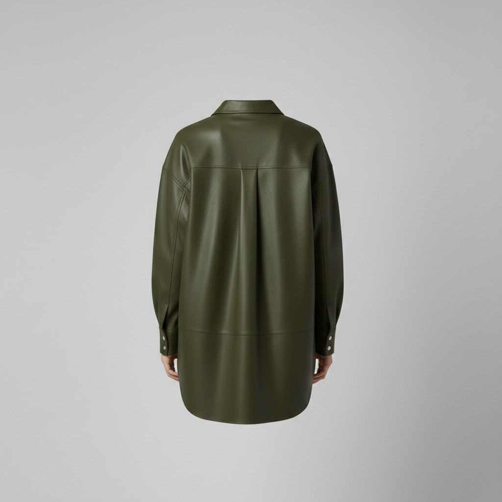 Women’s Olive Green Faux Leather Shirt Jacket