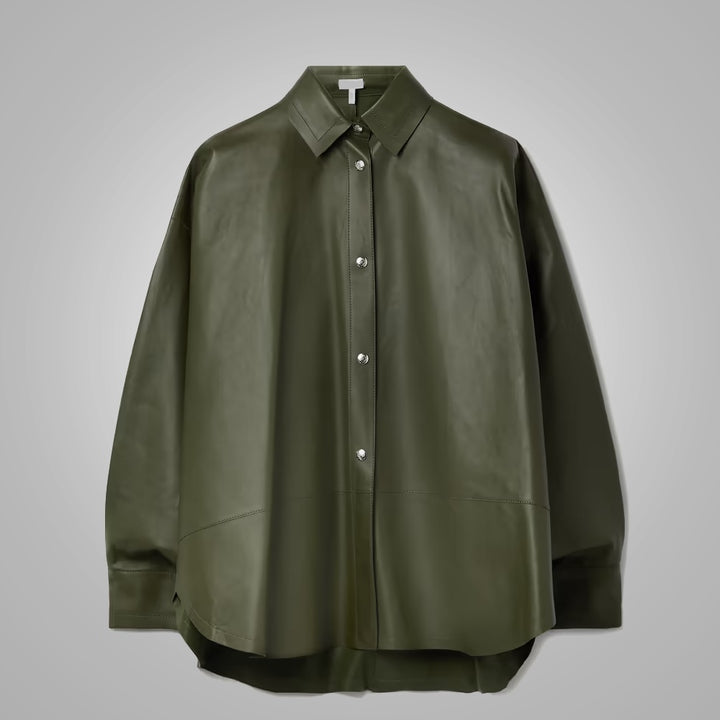 Women’s Olive Green Faux Leather Shirt Jacket