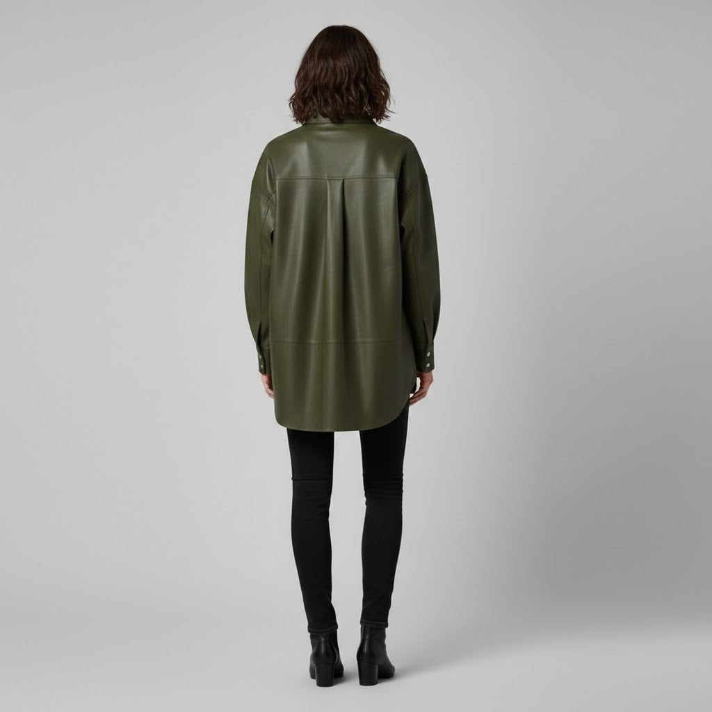 Women’s Olive Green Faux Leather Shirt Jacket
