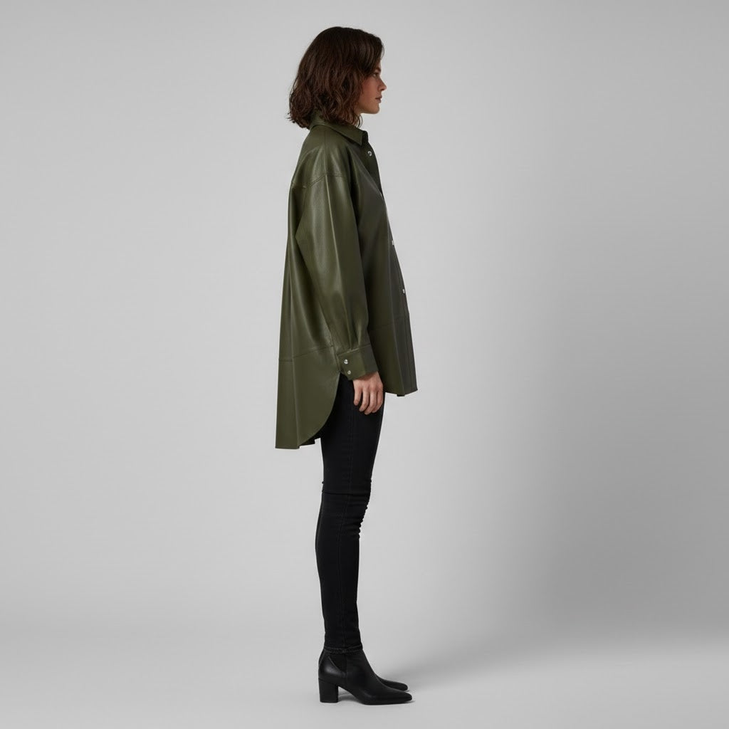 Women’s Olive Green Faux Leather Shirt Jacket