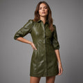 Olive Green Sheepskin Leather Shirt Dress for Women