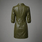 Olive Green Sheepskin Leather Shirt Dress for Women