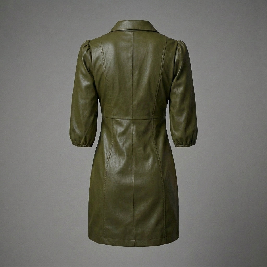 Olive Green Sheepskin Leather Shirt Dress for Women