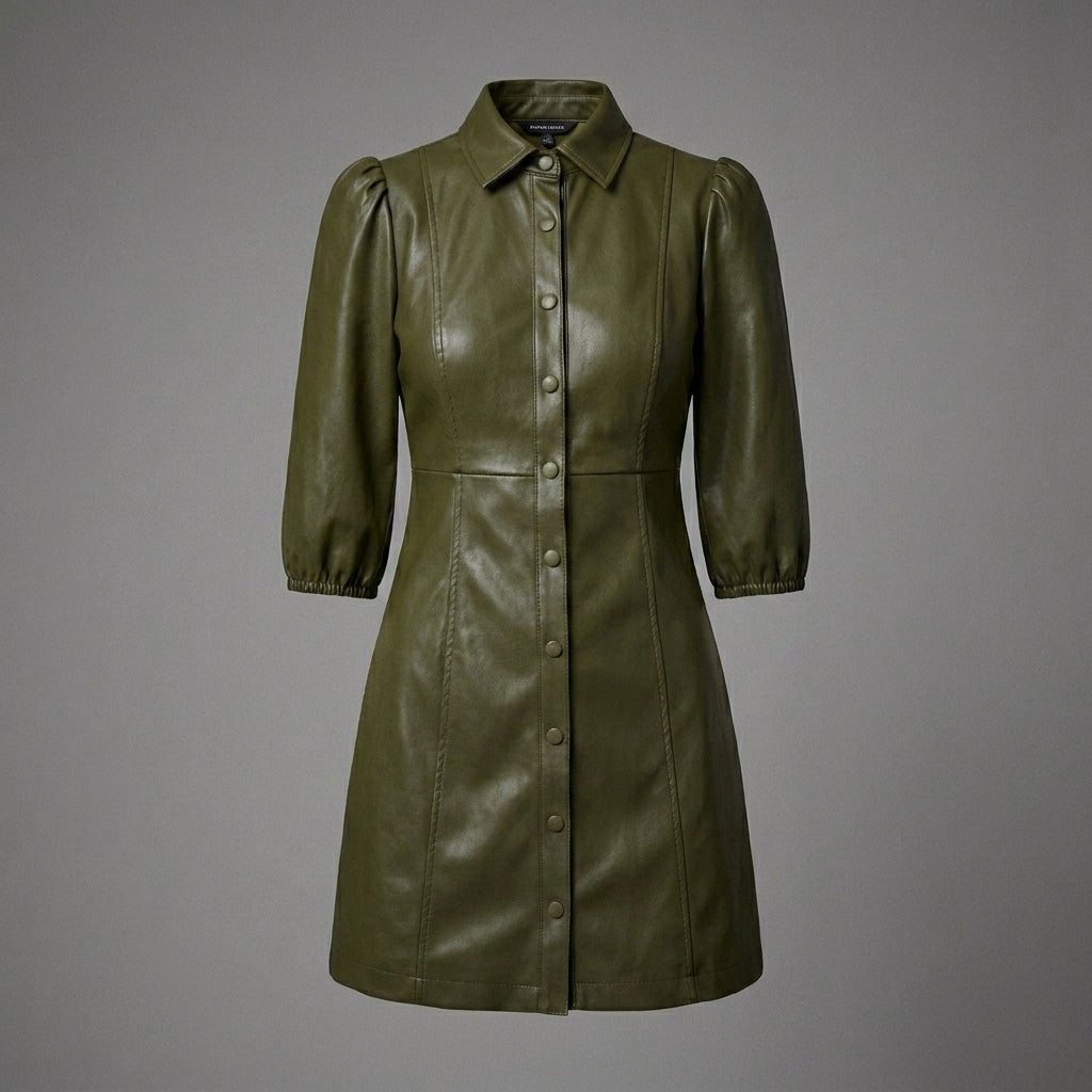 Olive Green Sheepskin Leather Shirt Dress for Women