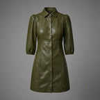 Olive Green Sheepskin Leather Shirt Dress for Women