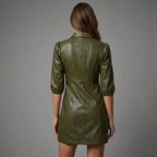 Olive Green Sheepskin Leather Shirt Dress for Women