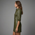Olive Green Sheepskin Leather Shirt Dress for Women