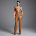 Olivia Linette Camel Vegan Leather Sleeveless Jumpsuit