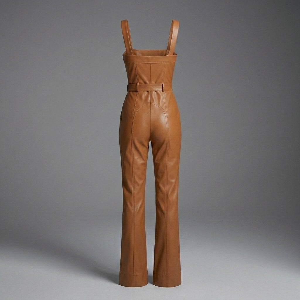 Olivia Linette Camel Vegan Leather Sleeveless Jumpsuit