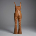 Olivia Linette Camel Vegan Leather Sleeveless Jumpsuit