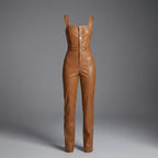 Olivia Linette Camel Vegan Leather Sleeveless Jumpsuit
