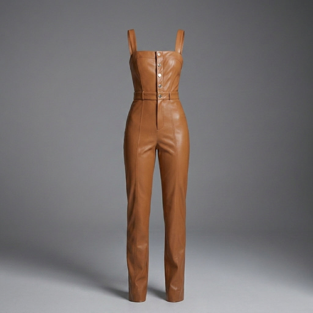 Olivia Linette Camel Vegan Leather Sleeveless Jumpsuit