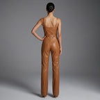 Olivia Linette Camel Vegan Leather Sleeveless Jumpsuit
