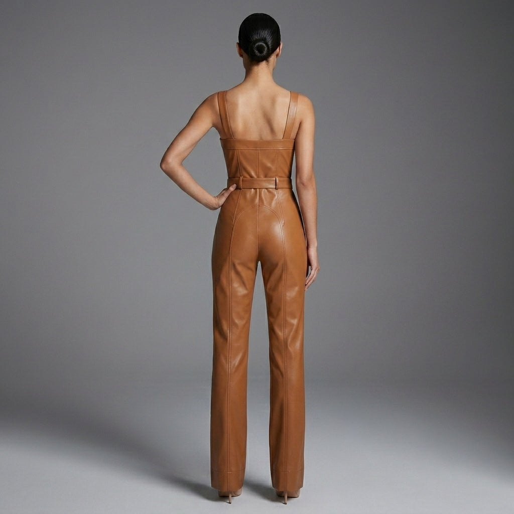 Olivia Linette Camel Vegan Leather Sleeveless Jumpsuit
