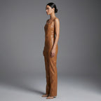 Olivia Linette Camel Vegan Leather Sleeveless Jumpsuit