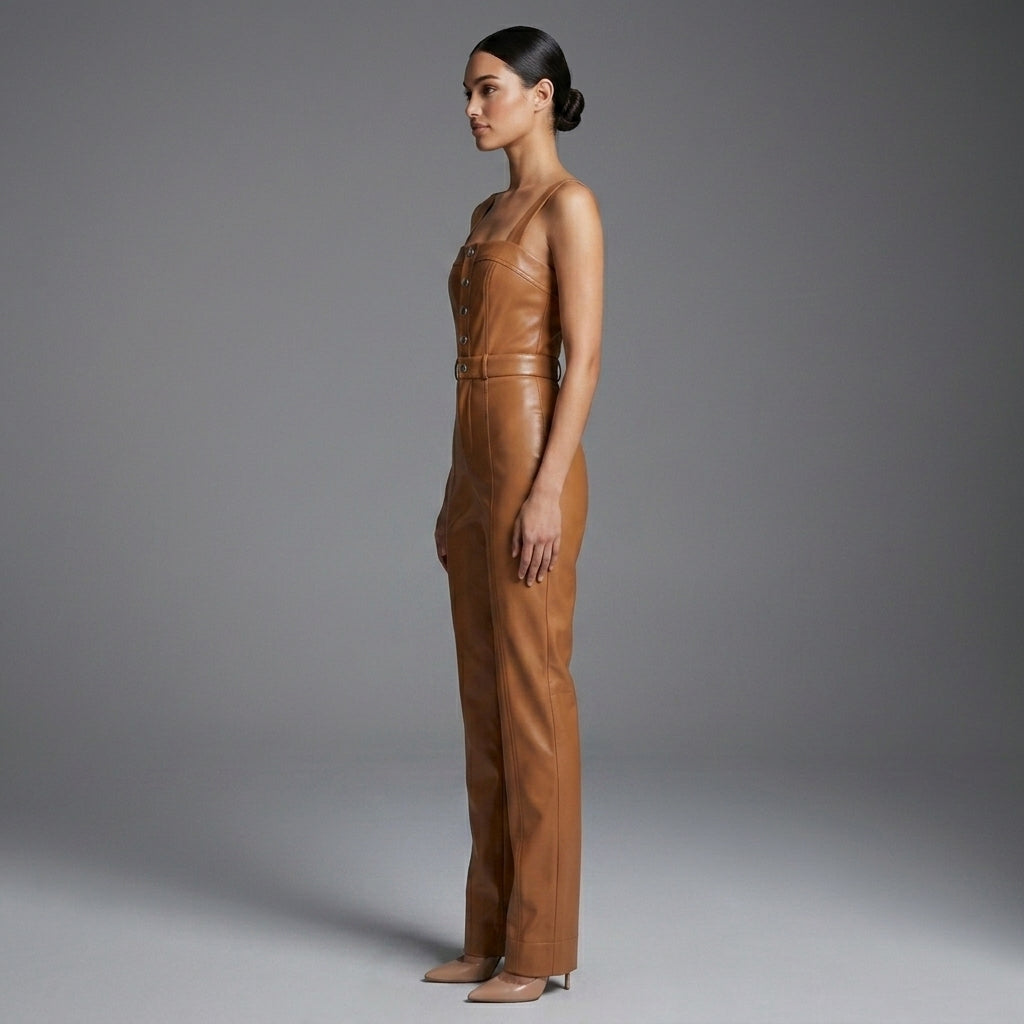 Olivia Linette Camel Vegan Leather Sleeveless Jumpsuit