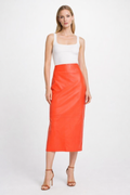 Orange Leather Pencil Midi Skirt