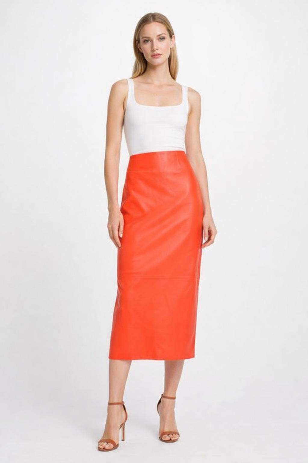 Orange Leather Pencil Midi Skirt