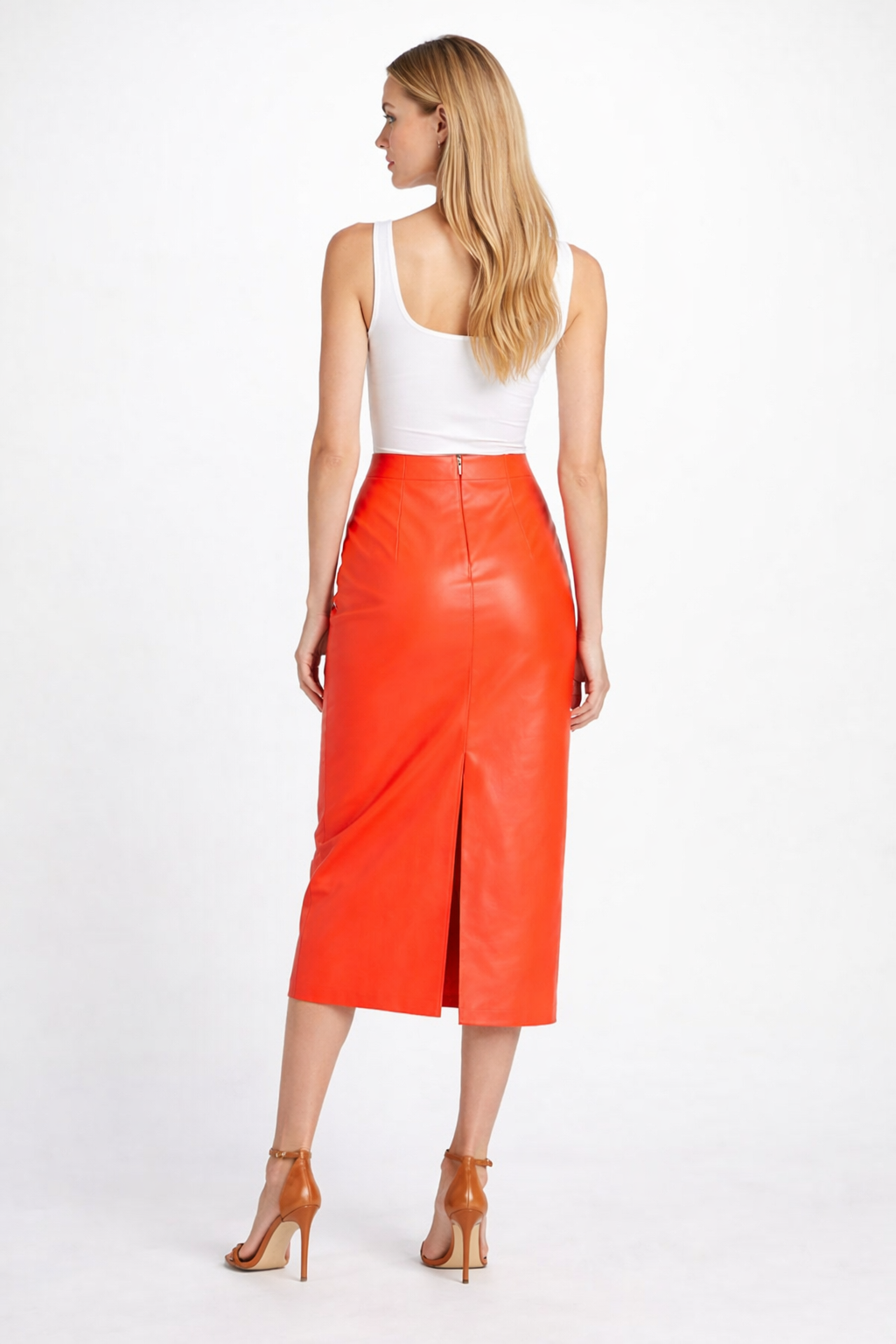 Orange Leather Pencil Midi Skirt