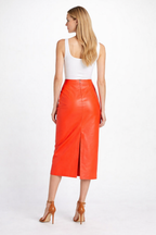 Orange Leather Pencil Midi Skirt