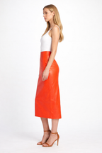Orange Leather Pencil Midi Skirt