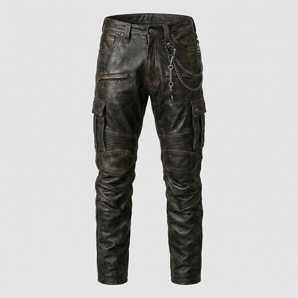 Men’s Black Sheepskin Leather Cargo Biker Pants