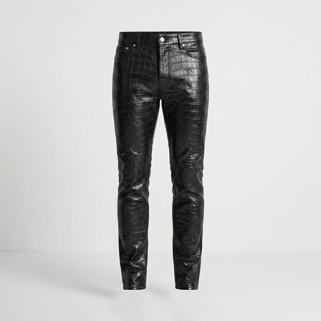 Men’s Black Crocodile Embossed Genuine Leather Biker Pants