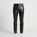 Men’s Black Crocodile Embossed Genuine Leather Biker Pants
