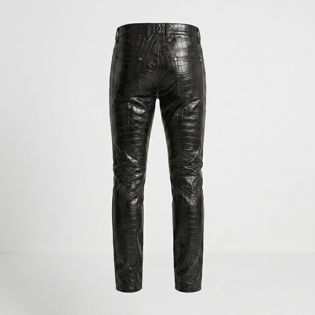 Men’s Black Crocodile Embossed Genuine Leather Biker Pants