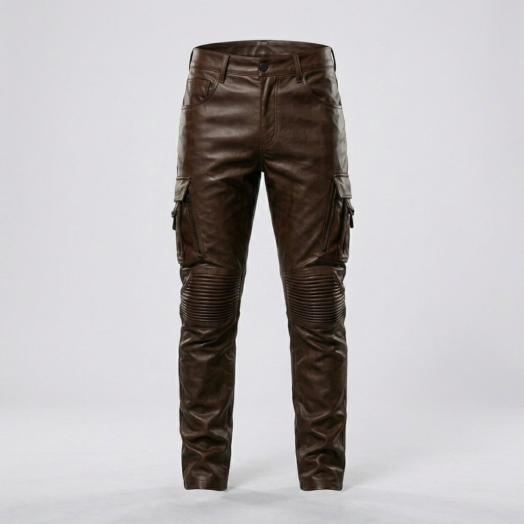 Men’s Brown Slim Fit Biker Leather Pants