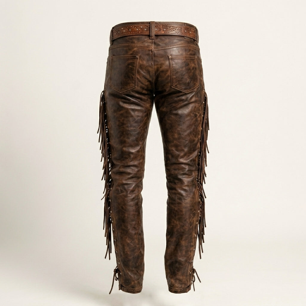 Men’s Brown Leather Fringe Cowboy Pants