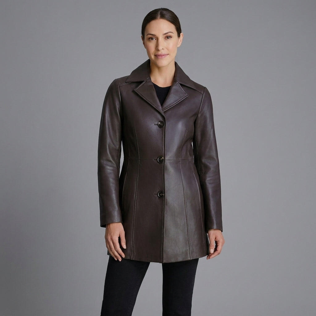 Petite Women’s Button-Down Genuine Leather Coat