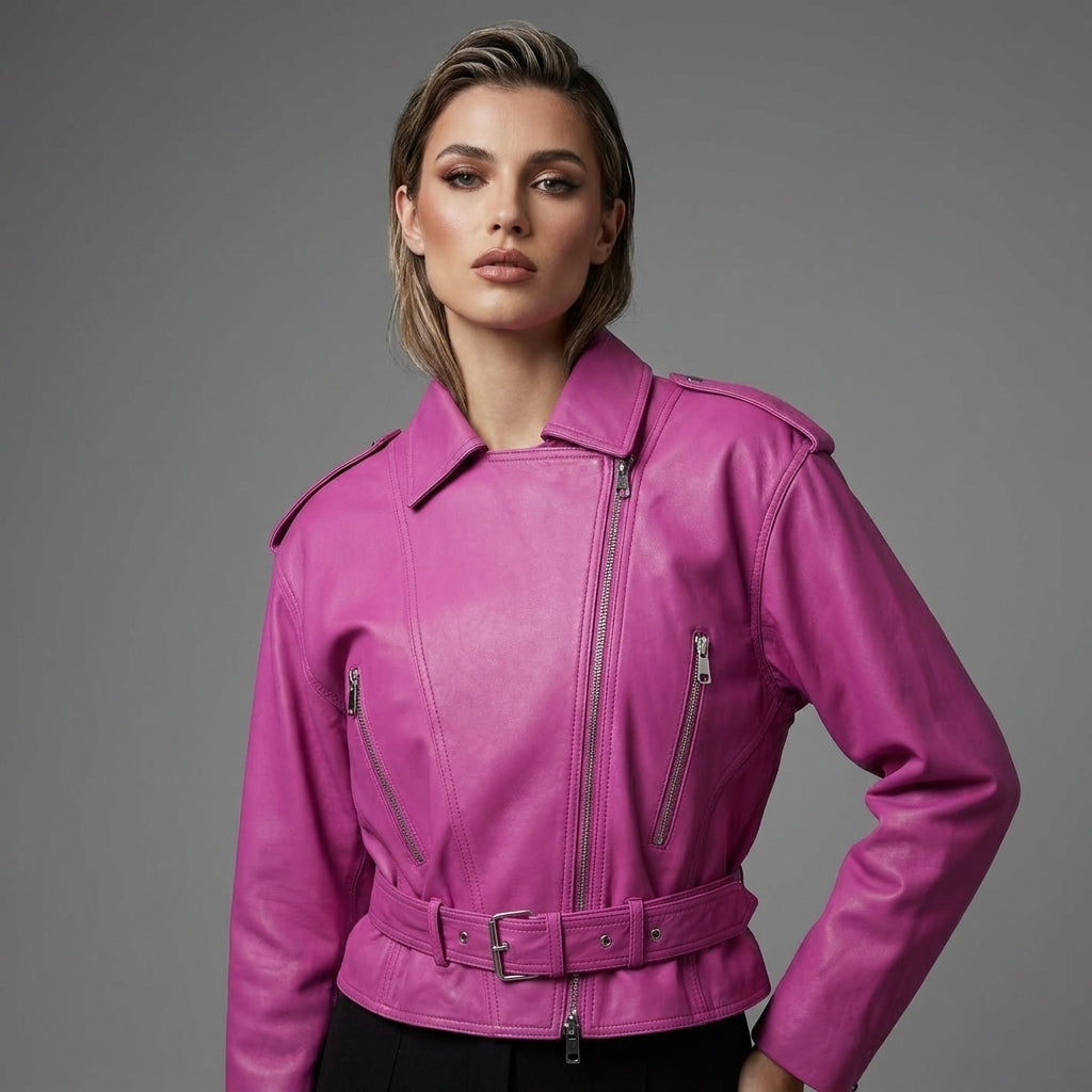 Pink Cropped Leather Biker Jacket for Women