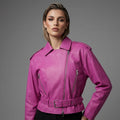 Pink Cropped Leather Biker Jacket for Women