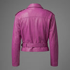 Pink Cropped Leather Biker Jacket for Women