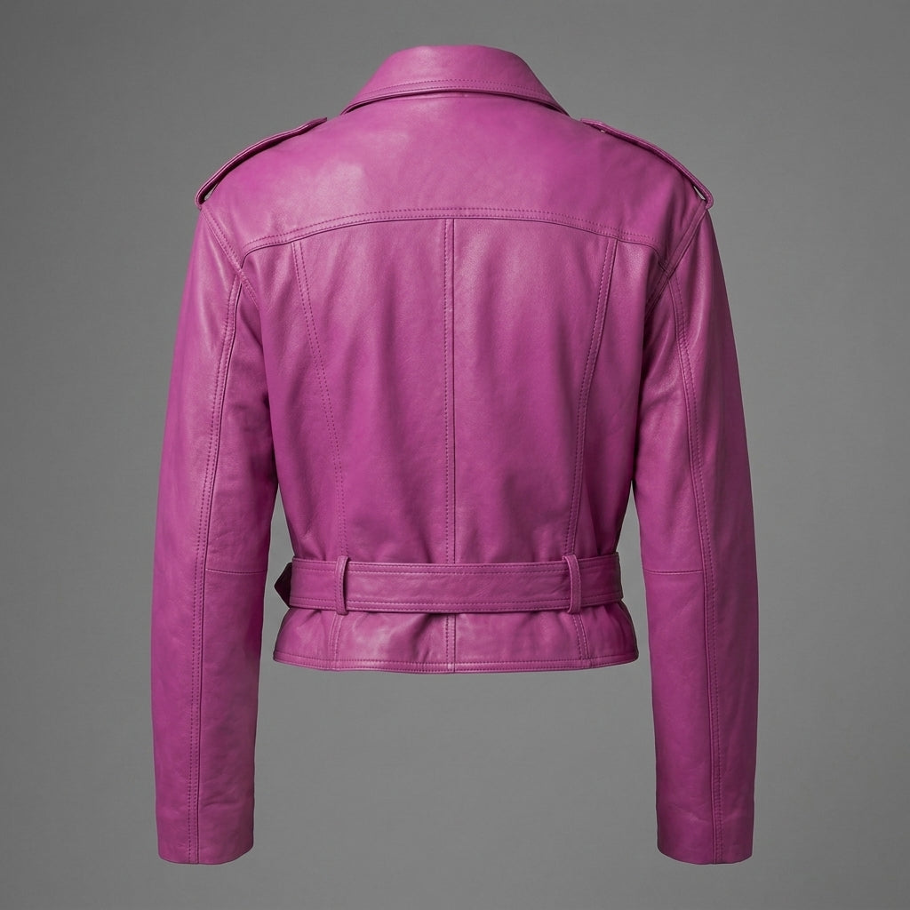 Pink Cropped Leather Biker Jacket for Women