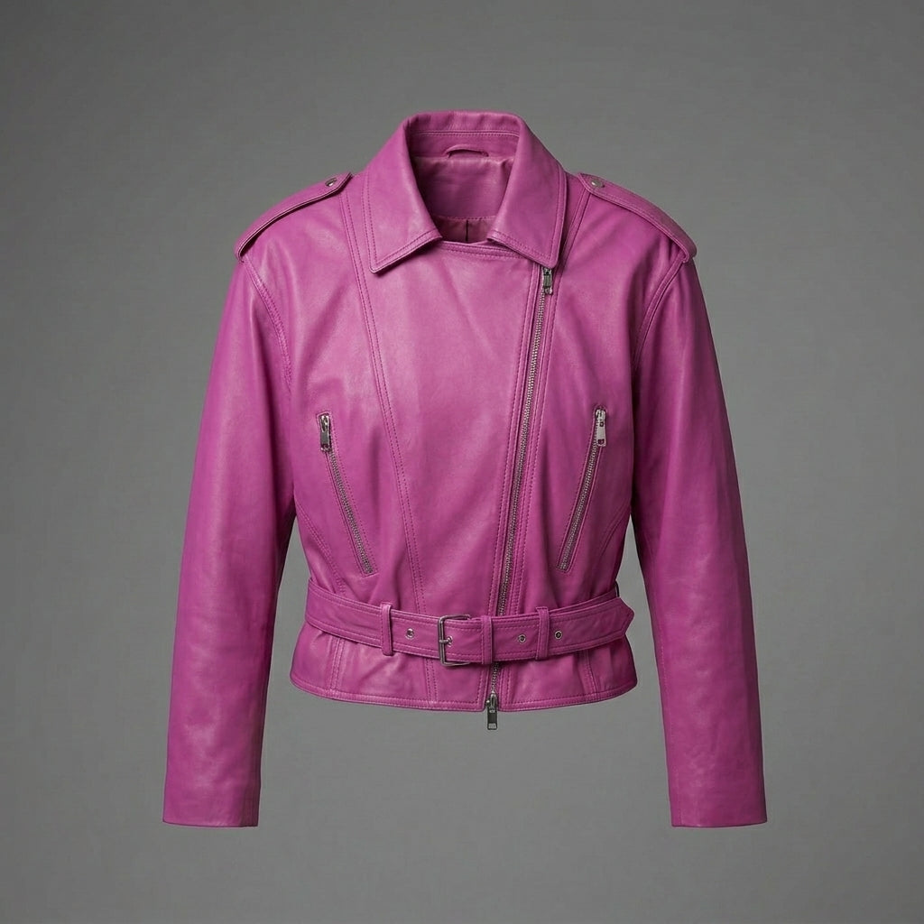 Pink Cropped Leather Biker Jacket for Women