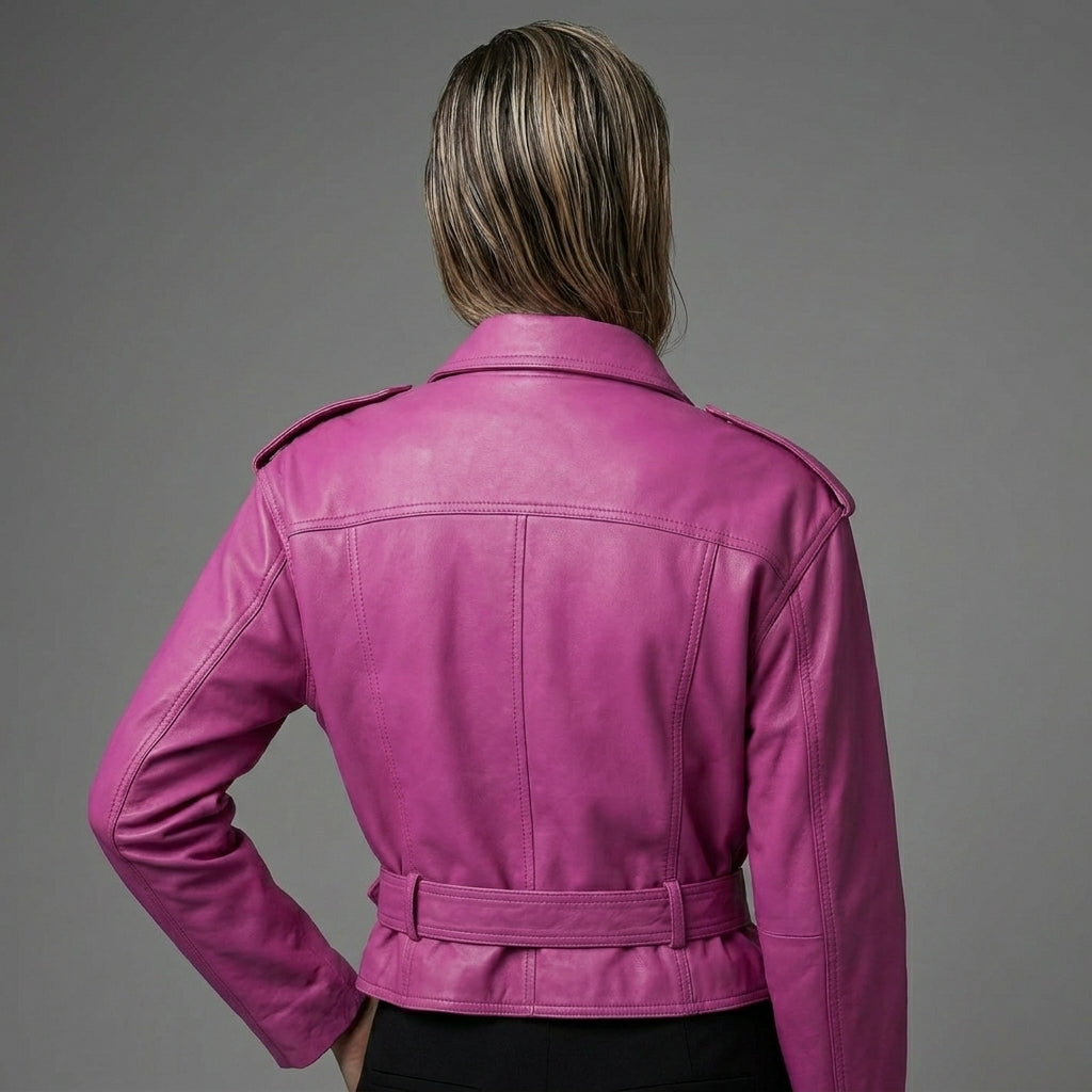 Pink Cropped Leather Biker Jacket for Women